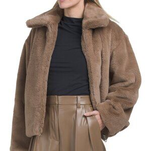 NWT $249 KENNETH COLE Faux Fur Zip Front Jacket in Wheatgrass Tan Minimalist XL